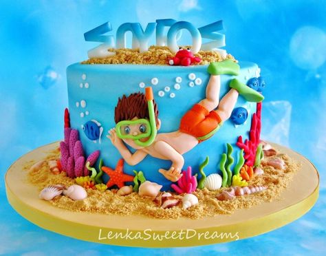 Under the sea diving cake. - Cake by LenkaSweetDreams Diving Cake, Swimming Cake, Pool Party Cakes, Pool Cake, Ocean Cakes, Sea Cakes, Sea Diving, Beach Cakes, Sea Birthday Party