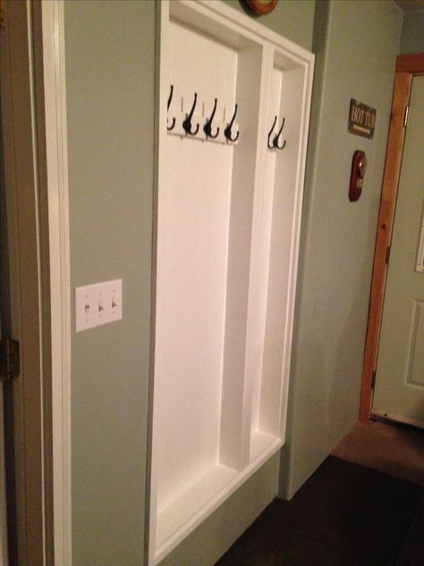 Master bath--could we recess towel hooks between the studs of the WC outer wall to save space? Narrow Bathroom Shelves Small Spaces, Built In Between Studs, Recessed Coat Hooks, Between The Studs Drop Zone, Small Mudroom With Stairs, Makeshift Coat Closet, Between The Studs Entryway Built Ins, Between The Studs Closet, Recessed Coat Rack Entry Ways