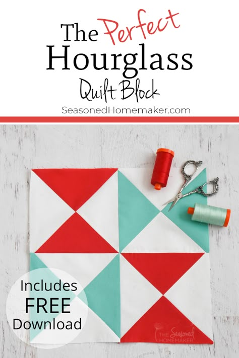 Learn How to Make a Hourglass Quilt Block with these simple instructions. Free downloadable tutorial instructions included. #easyquiltblocks #halfsquaretriangles #quilttutorials Hourglass Quilt Block Pattern, Hourglass Quilt Pattern Free, How To Make Hourglass Quilt Block, Hourglass Quilt Patterns, Hourglass Block Quilts, Hourglass Block Tutorial, Hourglass Quilt Blocks, Hour Glass Quilt Block Tutorial, Hourglass Quilt Block Tutorials