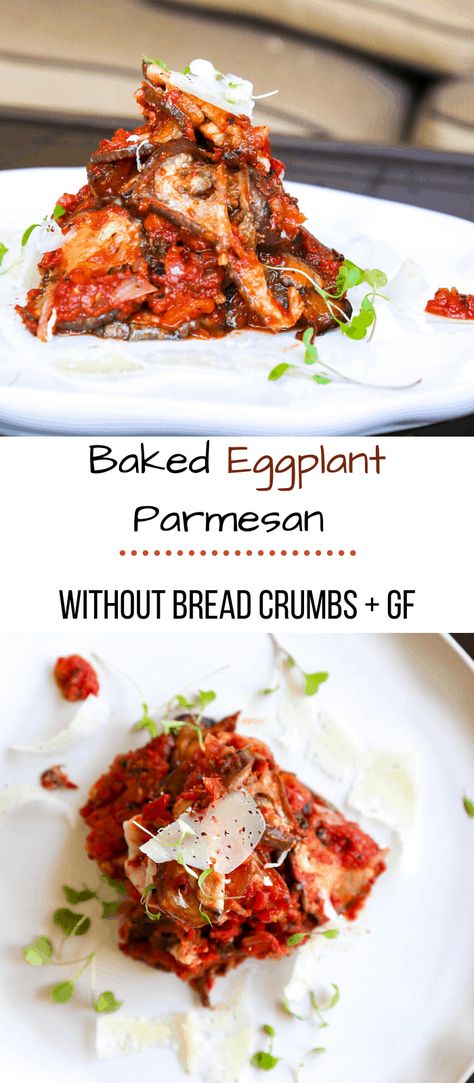 This Baked Eggplant Parmesan without breadcrumbs has been heavily in rotation when I entertain.  This recipe is as healthy as baked eggplant parmesan can get.  Even though it doesn't have the traditional trappings of eggplant parmesan, like the breading and frying.  It's still rich and satisfying without the guilt or stomach ache that comes afterwards if you are gluten or grain intolerant. #bakedeggplantparmesan #eggplantparm #eggplantrecipe #bakedeggplantparmrecipe #glutenfree Roasted Eggplant Recipes, Baked Eggplant Parmesan, Bright Line Eating Recipes, Healthy Eggplant, Gluten Free Recipes For Kids, Oven Baked Chicken Parmesan, Stomachache, Eggplant Parmesan Baked, Nourishing Food