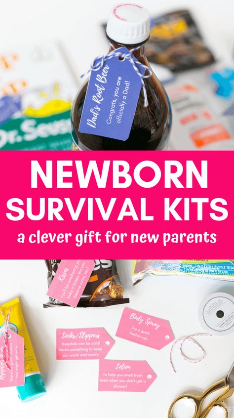 New Mom Survival Kit- Baby Shower Gift Ideas | So Festive! Mom Survival Kit Gift, Hospital Survival Kit, New Dad Survival Kit, Parent Survival Kit, Mommy Survival Kit, Newborn Survival, New Mom Survival Kit, Party Punches, Creative Baby Shower Gifts