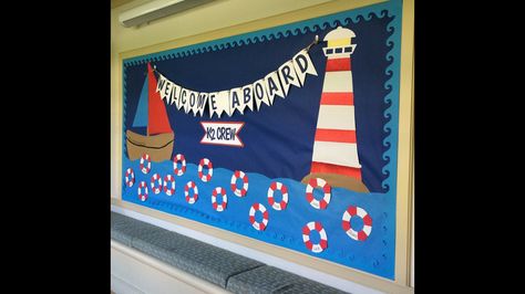 Boat Bulletin Board Ideas, Nautical Bulletin Board Ideas, Anchor Bulletin Board, Boat Bulletin Board, Lighthouse Bulletin Board, Sailing Bulletin Board, Teacher Appreciation Week Poster, Coastal Classroom, Nautical Bulletin Boards