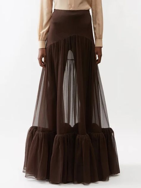 SAINT LAURENT: Ruffled silk-cigaline maxi skirt… Ysl Skirt, Straight Maxi Skirt, Clothing Png, Brown Maxi Skirts, Ruffle Maxi Skirt, Chiffon Maxi Skirt, Sheer Skirt, Layered Fashion, Bow Blouse