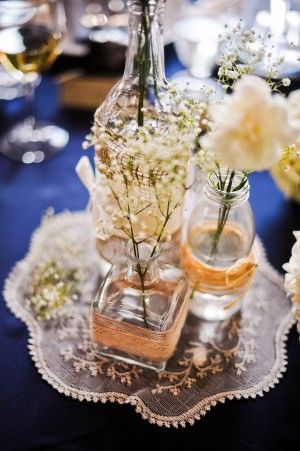 Pretty rustic vintage wedding details! Lace Centerpieces, Low Centerpieces, Rustic Vintage Wedding, Tiffany Wedding, Bridal Guide, Table Styling, Lace Table, Vintage Bottles, Etsy Wedding