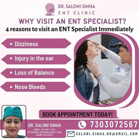 WHY VISIT AN ENT SPECIALIST? 4 reasons to visit an ENT Specialist Immediately • Dizziness • Injury in the ear • Loss of Balance • Nose Bleeds Dr. Saloni Sinha ENT & Cosmetic Clinic Call us @ 088608 04677 #drsalonisinha #entandcosmeticclinic #entclinic #cosmeticsurgeon #Cosmetologist #ENTProblems #ENTSpecialist #dizziness #Injuryinear #lossofbalance #nosebleeds #ENTTreatment Ent Specialist, Chronic Sinusitis, Ent Doctor, Doctor Help, Loss Of Balance, Neck Problems, Neck Surgery, Nose Bleeds, Primary Care Doctor