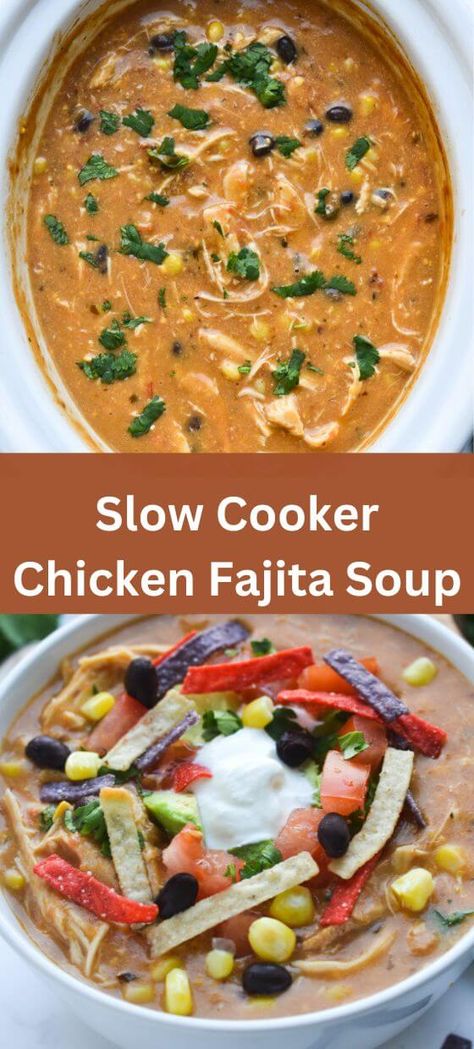 Cheesy Slow Cooker Chicken Fajita Soup - Yummy and fully Fajita Soup, Chicken Cooker, Soup Crockpot, Chicken Fajita Soup, Hearty Chicken, Chicken Fajita, Easy Soup, Best Slow Cooker, Chicken Slow Cooker Recipes