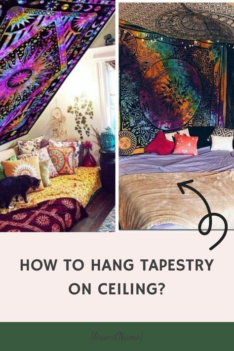 Learn how to hang tapestry on ceiling. With just a few simple DIY ideas, you can easily create an impressive look with your own hanging tapestry. Hang Tapestry From Ceiling, How To Hang Fabric On Walls, Tapestry Over Bed, How To Hang A Tapestry On Wall, Tapestry Styling, How To Hang Tapestry, Tapestry On Ceiling, Ceiling Tapestry Ideas, Tapestry Ceiling