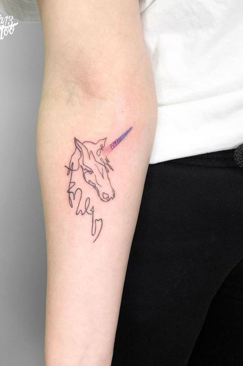 Unique Unicorn Tattoo, Cool Unicorn Tattoos, One Line Unicorn Tattoo, Unicorn Back Tattoo, Unicorn Line Tattoo, Fine Line Unicorn Tattoo, Unicorn Outline Tattoo, Unicorn Tattoo Ideas Unique, Scottish Unicorn Tattoo