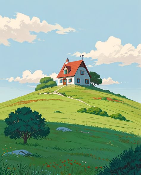 "A House on a Little Hill" #aiart #animeillustration #illustrationart #illustration #illustrator #art #design #drawing #painting #artwork #generativeartworks #house #cozy #hill #valley Ghibli House Drawing, Cartoon House Animation, House On A Hill Drawing, Renovation Illustration, Kids Stories Illustration, Better Minecraft, Animated House, Hill Background, Hill Drawing