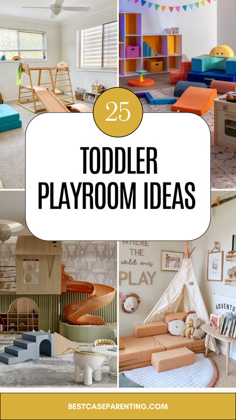 A delightful collection of toddler playroom setups, showcasing creative spaces with slides, teepees, and colorful storage solutions to inspire play and organization. Baby Playroom Ideas Small Spaces, Toddler Playroom Storage, Toddler Playroom Organization, Playroom Slide, Toddler Playroom Ideas, Toddler Daycare Rooms, Playroom Layout, Playroom Basement, Small Kids Playrooms