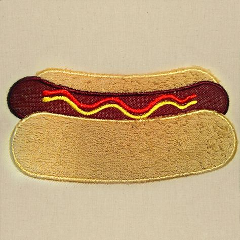 Hot Dog Applique Embroidery Design Dog Applique, On A Bun, Ketchup And Mustard, Baby Patchwork Quilt, Color Sorting, Applique Embroidery, Applique Embroidery Designs, The Design Files, Applique Designs