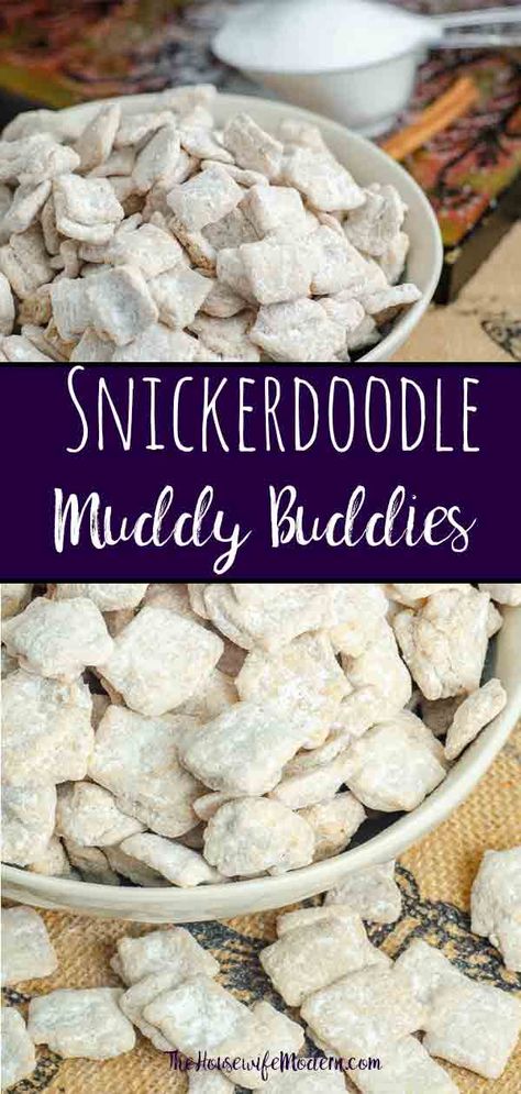 Snickerdoodle Muddy Buddies, Snickerdoodle Puppy Chow, Munchies Sweets, Easy Munchies Snacks, Easy Midnight Snacks, Easy Snickerdoodles, Midnight Munchies, Munchies Snacks, Muddy Buddies Recipe