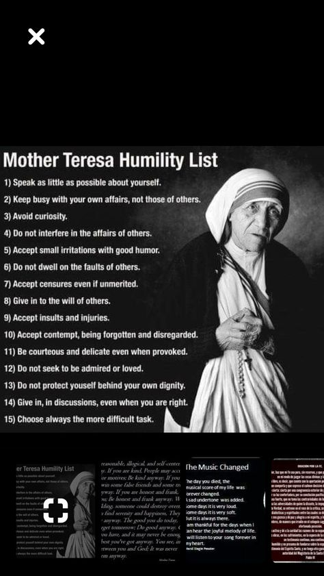 Mother Teresa Humility List, Memorare Prayer, Saints Prayers, The Memorare, Catholic Saints Prayers, Saints Quotes, Saint Quotes, Mother Teresa, Good Humor