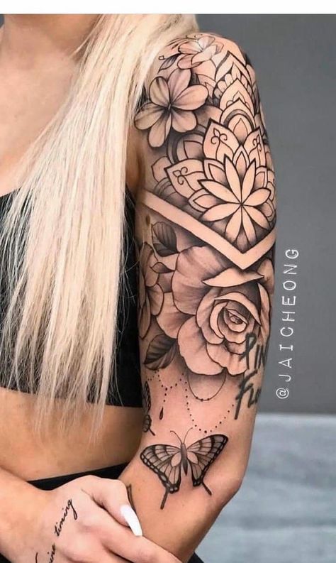 Shading Tattoos Women, Arm Tattoos Flowers For Women, Mandela Tattoos Women, Lotus Arm Tattoo Sleeve, Tattoos Floral Sleeve, Floral Tattoo With Shading, Realism Half Sleeve Tattoo Women, Feather Tattoo Sleeve For Women, Over The Shoulder Tattoo For Women Half Sleeves