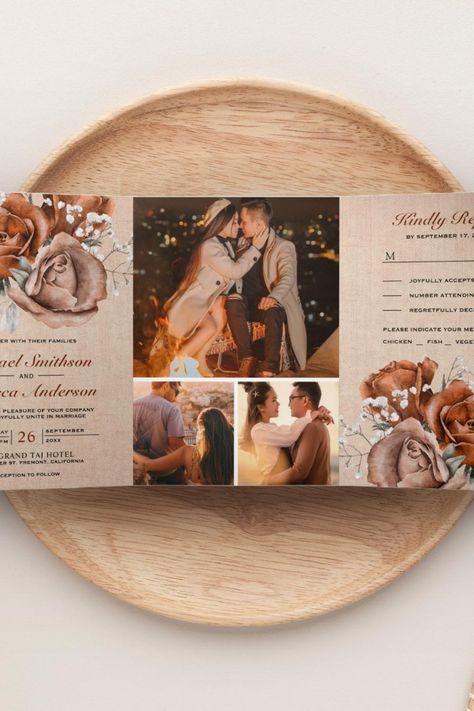 Rustic Burlap Burnt Orange Rose All in One Wedding Tri-Fold Invitation Brown Wedding Themes, Fall Deserts, Qr Code Wedding, Burnt Orange Weddings, Date Invitation, Photo Save The Date, Vintage Newspaper, Brown Wedding, Flower Invitation