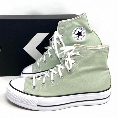 Converse Ctas Lift Platform Women's Sneakers Canvas Light Green High Top A03541c Brand New With Box! 100% Authentic! The Platform High Top You Love, Sized Down For Your Little. With The Same Double-Stacked Sole And Classic Chuck Taylor All Star Design Elements, Like A Diamond Pattern Toe Bumper And Rubber Toe Cap. Fresh Color Elevates Their Attitude And Outlook On Classic Canvas. High-Top Platform Sneaker With Canvas Upper Smartfoam Sockliner For Comfort Updated In One Of The Season's Top Colors Sage Green High Top Platform Converse, Pastel Green Converse, Green Converse Sneakers, Colorful Sneakers Ideas, Pastel Green Shoes, Green Converse Aesthetic, Aesthetic Green Outfits, Light Green Sneakers, Light Green Converse