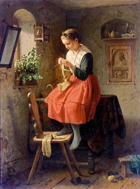 "GIRL KNITTING BY A WINDOW" Artist: JOHANN GEORG MEYER von BREMEN Ludwig Meidner, Mary Cassatt, Knit Art, Image 3d, Art Ancien, Sewing Art, Illustration Inspiration, Knitting Girls, 인물 사진