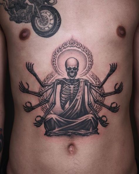 Mens Stomach Tattoo Ideas Design, Black Work Tattoo Men, Dark Skeleton Tattoo, Skeleton Demon Tattoo, Japanese Tattoo Art Demon, Dark Work Tattoo, Japanese Demon Back Tattoo, Skeleton Buddha Tattoo, Back Tattoo For Men