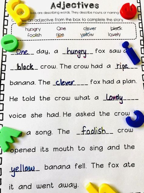 Kindergarten Spelling, Articles Worksheet, Number Names, Verb Words, English Grammar Exercises, English Grammar For Kids, English Adjectives, Adjective Worksheet, Describing Words