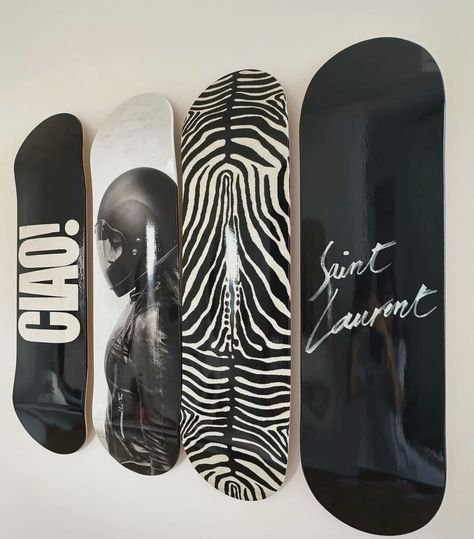 Katie Fang’s room wall skateboard decor  #katiefang #skateboard #room #decor #roomwalldecor #saintlaurent #blackandwhite Skateboard Room Decor Wall Art, 3 Skateboard Wall Art, Katie Fang Room, Skate Board Painting Idea, Skateboard On Wall Decor, Black Themed Room, Skateboards Aesthetic, Skateboard Room Decor, Skateboard Wall Decor