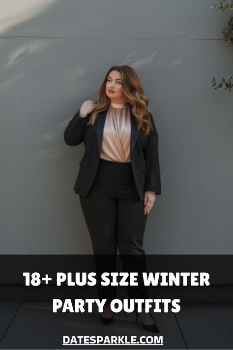 Woman in a black suit and beige blouse modeling plus-size winter party outfit. Plus New Years Outfit, Classy Winter Outfits Plus Size, Plus Date Night Outfits, Plus Size Chic Outfits Classy, Plus Size Date Night Outfits Casual, Plus Size Classy Outfits, Plus Size Chic Outfits, Winter Dressy Outfits, Party Outfit Ideas For Women