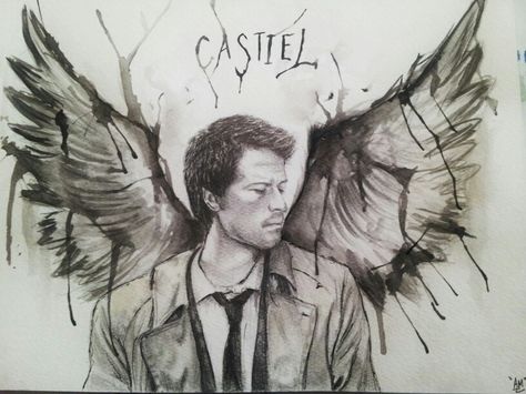 My Castiel drawing / painting Castiel Drawing, Drawing Design Ideas, Art Ideas Sketches, Supernatural Cartoon, Supernatural Fanart, Supernatural Drawings, Hard Drawings, Supernatural Tattoo, Castiel Supernatural