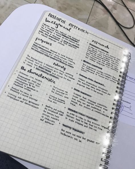 Natural Approach, english notes, handwriting, grid notebook ideas, taking note style ideas Grid Book Notes, Neat Handwriting On Grid Paper, Grey Highlighter Notes, Note Taking Grid Paper, Class Notebook Organization, Lecture Design Ideas Notebook, Grid Paper Aesthetic Notes, Grid Paper Notes Aesthetic, Grid Notebook Aesthetic