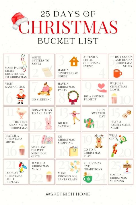 Make the most of the festive season with this 25 Days of Christmas Bucket List for Families! With ideas for kids, couples, and friends, this printable activity list will make your holiday season truly special. Get it now! Christmas Bucket List Best Friends, Christmas Season To Do List, 25 Christmas Activities For Kids, Couple Christmas Bucket List, Christmas Activities For Best Friends, Kids Winter Bucket List, 30 Days Of Christmas Activities, Christmas Family Bucket List, Christmas Bucket List With Friends