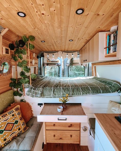 Tiny Van Conversion Ideas Layout, Earthy Camper Interior, Wood Van Interior, Diy Van Kitchen, Scandi Campervan Interior, Boho Van Decor, Boho Van Conversion, Swb Camper Conversion, Green Van Interior