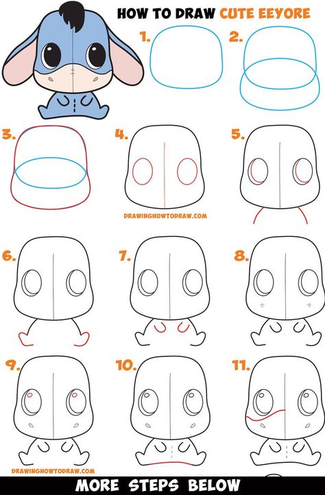 How to Draw a Cute Chibi / Kawaii Eeyore Easy Step by Step Drawing Tutorial for Kids & Beginners – How to Draw Step by Step Drawing Tutorials Animals Step By Step, Trin For Trin Tegning, Easy Pencil Drawings, How To Draw Cute, Easy Disney Drawings, Drawings For Boyfriend, Easy Drawing Steps, Easy Drawings For Beginners, How To Draw Steps