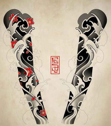 Japanese Sleeve Drawing, Dojo Tattoo, Irezumi Tattoo Design Japanese Style, Yakuza Tattoo Design Japanese Style, Japanese Sleeve Tattoo Design, Japanese Arm Tattoo, Irezumi Sleeve, Traditional Japanese Tattoo Sleeve, Japanese Hand Tattoos