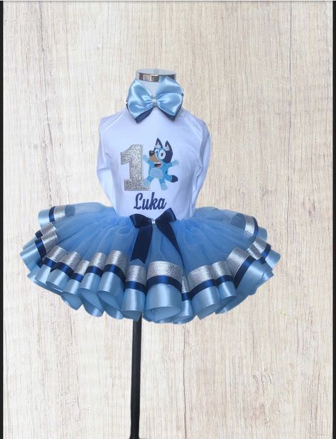 Cute bluey tutu outfit. Available now. Bluey Dress For Girl, Bluey Outfit For Toddler Girl, Bluey Birthday Outfit For Girl, Bluey First Birthday, Bluey Dress, First Birthday Outfit Girl, 1st Birthday Tutu, Puppy Cake, Bluey Birthday