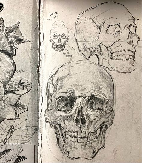 Detailed Sketches Sketchbooks, Sketchbook Dark Art, Interesting Things To Draw Sketchbooks, Sketchbook Tattoo Ideas, Creative Portrait Drawing Ideas, Sketchbook Inspo Pencil, Drawing Skulls Sketches, Open Ribcage Drawing, Dark Pencil Art