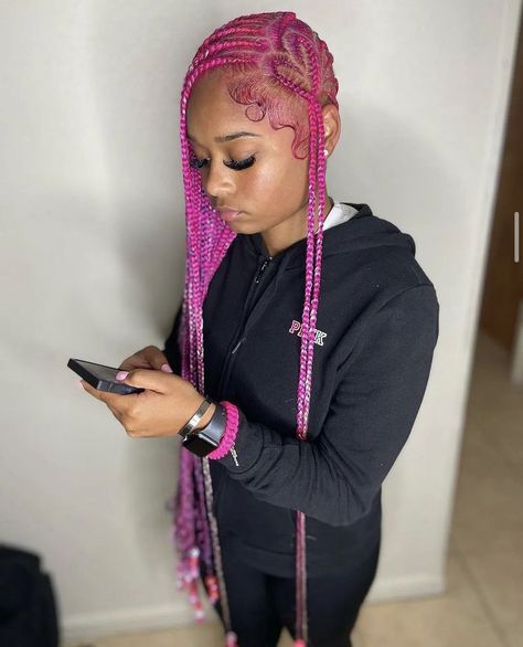 Pink Straight Back Braids, Pink Stitch Braids, Pink Braids Hairstyles, Pink Lemonade Braids, Lemonade Braids With Heart, Pink Braids, Lemonade Braids Hairstyles, Half Up Half Down Hairstyle, Down Hairstyle