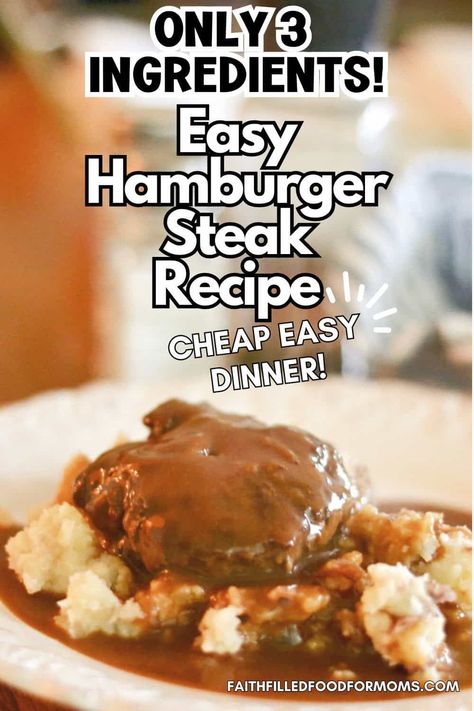 Easy Homemade Hamburger Steak Recipe with Gravy. Only 3 ingredients while using a packet of brown gravy. This is made on the stovetop using a large skillet! Super easy clean up too! This family favorite ground beef dinner is perfect for a busy weeknight dinner! Hamburger Meat Supper Ideas, Easy Hamburger Steaks With Brown Gravy, Easy Quick Hamburger Meat Recipes, Fast Easy Dinner With Hamburger Meat, Hamburger Patty With Gravy, Homemade Salisbury Steak Gravy, Oven Hamburger Steak And Gravy, Hamburger Steak With Brown Gravy Crockpot Easy, Hamburger Steak With Brown Gravy Packet