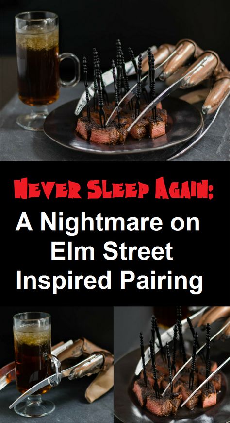 Never Sleep Again with this cocktail and snack pairing inspired by A Nightmare on Elm Street 2geekswhoeat.com #Horror #recipe Freddy Krueger Food Ideas, Horror Movie Themed Party, Horror Treats, Horror Food, Theme Dinners, Snack Pairings, Never Sleep Again, Tv Recipes, Fall Feeling