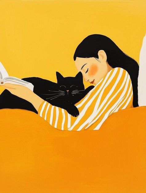 Cozy Cat Companionship Wall Art in Gentle Yellow Tones Inspired by Alex Katz Canvas Print | Original | 24x36" | Stretched Canvas by CustomCanvasCurators 🎨✨ Just added this enchanting artwork to my collection! It captures the sweet bond between a woman and her sleek black cat against a vibrant yellow backdrop. The cozy vibes and playful style make it a perfect addition to any living space. Who else loves filling their home with art that celebrates the joy of pet companionship? 🐾💛 #ArtfulComp... Cat Lady Painting, Woman With Cat Painting, Woman And Cat Illustration, Comfort Illustration, Alex Katz, Cozy Cat, Yellow Hues, Home Cat, Warm Yellow