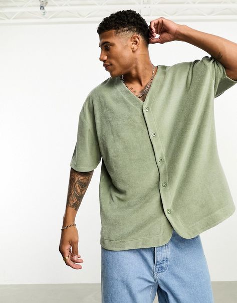 T-Shirts & Vests by ASOS DESIGN Your sign to stop scrolling V-neck Button placket Drop shoulders Oversized fit Oversized Button Up Shirt Outfit Men, Linnen Shirts For Men, Green Button-up Shirt For Streetwear, Men’s Oversized Button Up, Men’s Boxy Shirt, Medium Wash Button-up Shirt For Streetwear, Cotton Button-up Short Sleeve Streetwear Shirt, Shirt Outfit Men, Design T Shirt