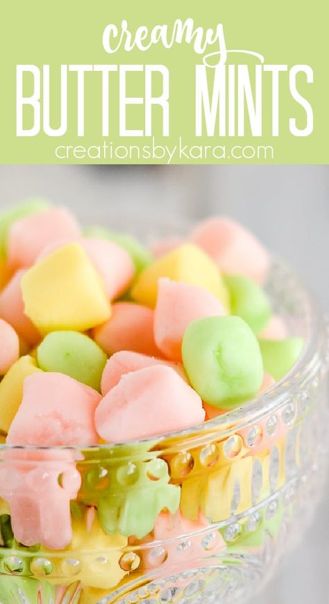 Easy Homemade Creamy Butter Mints - these soft and creamy mints just melt in your mouth, and they are so easy to make. You just need five ingredients! #buttermints #homemadebuttermints #easybuttermints #buttermintsrecipe #creationsbykara #easycandyrecipe Buttermints Recipe, Cream Cheese Mints Recipe, Diy Butter, Cream Cheese Mints, Easy Candy Recipes, Dinner Mints, Butter Mints, Snack Bites, Mint Recipes