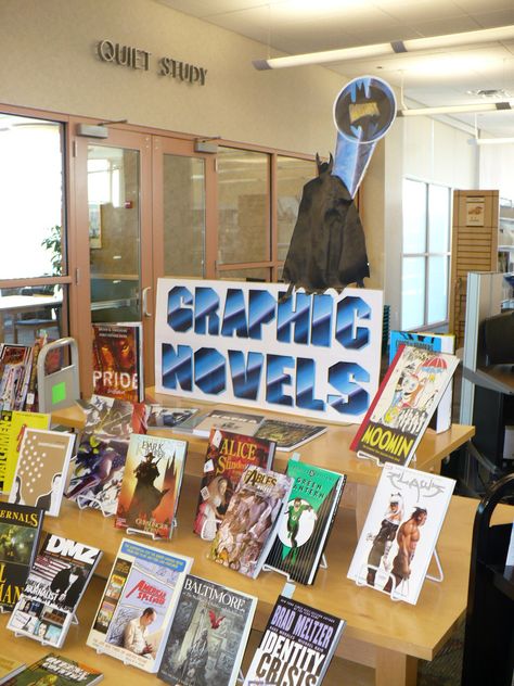 Adult Graphic Novel display at Haggard Library - would be a good idea for a change in display during the winter months Graphic Novel Display, Manga Display, Library Media Center, Library Book Displays, Library Signs, Book Displays, Library Display, Library Programs, Center Ideas