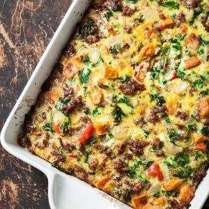 Sweet Potato Sausage Breakfast Casserole - Chew Out Loud Sweet Potato Sausage Breakfast, Healthy Staples, March Recipes, Sweet Potato Sausage, Whole30 Recipe, Sausage Breakfast Casserole, Breakfast Bakes, Potato Sausage, Breakfast Potato Casserole