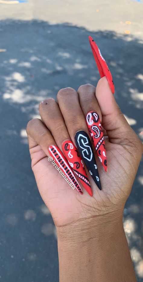 Gang Gang ❤️ With the S everyone used to draw in their notebooks lol. @thefuckincannon 💅🏾Call To book! Info in the bio! 💅🏾 #Nails #AcrylicNails #LongNails #NailsOnFleek #LosAngeles #BlackNailTech #NailTech #NailArt #NailsOfInstagram #NailDesigns #NailPorn #Swarovski #SwarovskiNails #BlackGirlMagic #ProNails #NailSwag #LANails #Hollywood #BrokenNailsLA #Lakewood #ExplorePage #Nailstagram #Instanails #Paisley #Bandana #GangGang #Red Gang Nail, Homies Nail Art, Gang Nails, Red Bandana Nails, Purple Bandana Nails, Gangsta Nails, Bandana Nail Art Tutorial, Red Bandana Nails Design, Chola Nails Acrylic