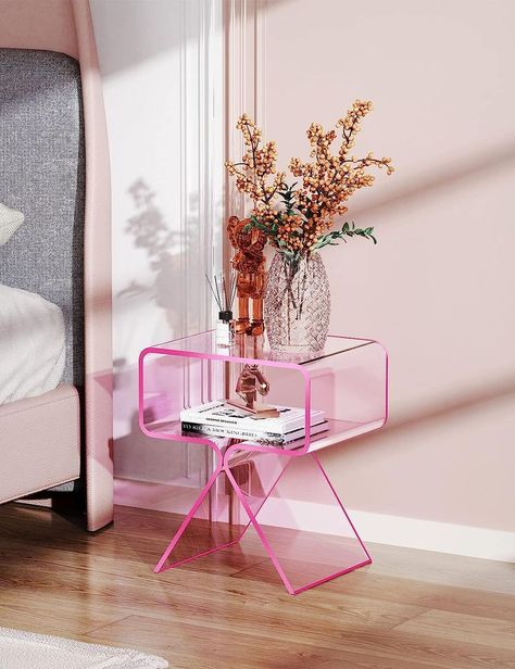 The modern square clear acrylic coffee table weighs 15 lbs with an overall support of 45 lbs. It is 0.39" thick and measures 17.7"H x 11.8"L x 15.35"W.. Applicable scene: bedside table, magazine table, coffee table, temporary table, etc. Potted plants, candles, photo frames, magazines and more look stylish and organized on this coffee table. Modern Design Acrylic Nightstand, Modern Side Table Design, Minimalist Side Table, Acrylic Side Table, Pink Amazon, Acrylic Furniture, Deco Rose, Bedside Night Stands, Modern Side Table