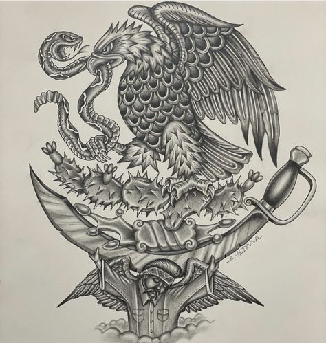 Mexican American Tattoos For Men, Mexico Eagle Tattoo Design, Aztec Eagle Drawing, Nor Cal Tattoos, Aztec Tattoos Sleeve Mexican Style, Michoacan Tattoo Ideas, Mexican Eagle Drawing, Mexicano Tattoos, Mexican Eagle Tattoo Design