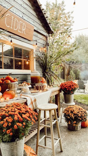 K A R A | interior designer on Instagram: "FALL CIDER BAR!🍎🍂 It’s that time of year and I have some tips for you on how to create the perfect cider bar for your fall gathering!👇 1. CIDER! Obviously, this is the most important item! Depending on how many guests you plan to have and the type of gathering, you may want to consider hot and cold apple ciders. Also, it’s a great option to have a mix of non-alcoholic and hard ciders. 2. SWEETS! This is another important step. No cider bar is compl Apple Cider Decor, Fall Craft Show Set Up, Fall Coffee Shop Decor, Fall Cider Bar, Fall Shower Decor, Fall Cafe Decor, Outdoor Fall Tablescapes, Fall Aesthetic Party, Fall Drink Station