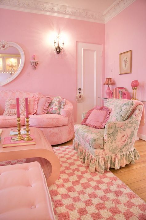 Pink tufted chairs, pink sofa, pink satin ottomans, pink checkered rug, pink mushroom lamp, pink lacquered coffee table, carousel pony, 80s doll house, girly, vintage Barbie, Bratz Doll, pink, shabby chic, tea party, pink ruffle curtains, pink lips phone, vintage pink light up hutch, heart chair, pink champagne, pink candy, pearls Rooms Decoration, Barbie Bedroom, Black Living Room Decor, Pink Furniture, Barbie Room, Cosy House, Pink Room Decor, Salon Suites, Pink Living Room