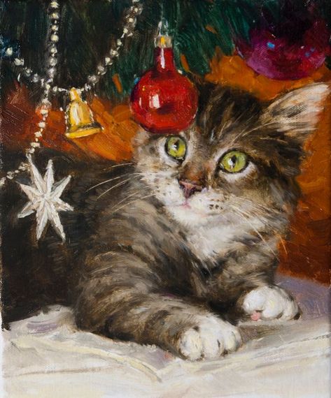 Under The Christmas Tree, Small Canvas Paintings, Christmas Tree Painting, Cat Artwork, Christmas Drawing, Christmas Paintings, Daily Paintworks, Cat Painting, Cat Illustration