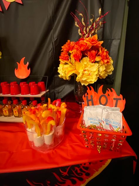 Hot Sauce Themed Party, Fire Themed Gifts, Flame Party Decorations, Hot Ones Party, Red Hot Bachelorette Party, Chilli Party, Fir Pit, Hot Chocolate Packets, Fire Party