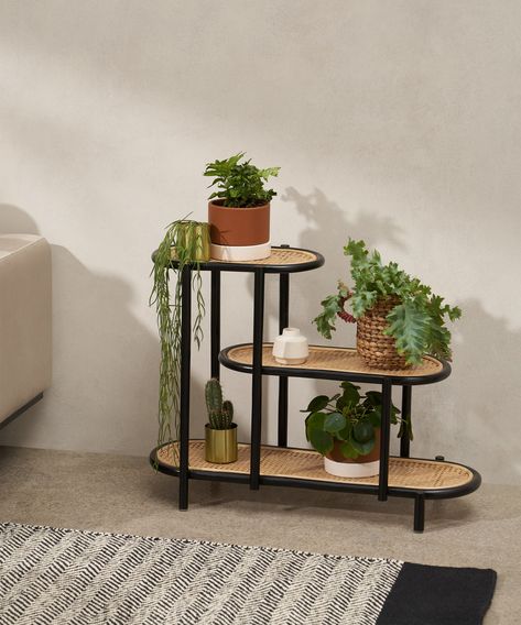 Agota Three-Tier Planter Stand, Natural & Black Cane | MADE.com Indoor Plant Trellis, Tiered Planter, Plant Table, Planter Stand, Led Furniture, Living Room Inspo, Front Room, Plant Stand, Indoor Decor