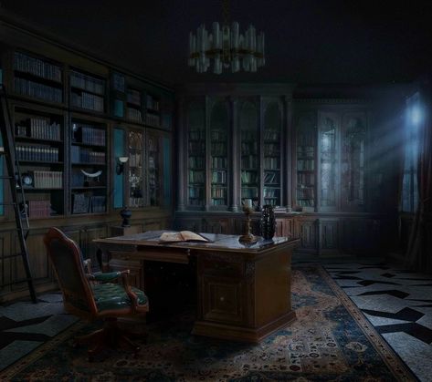 Down Comes The Night, Moonlight Painting, Office Background, Dream Library, Fantasy Rooms, Dark House, Cosmic Horror, Visual Aesthetics, Call Of Cthulhu